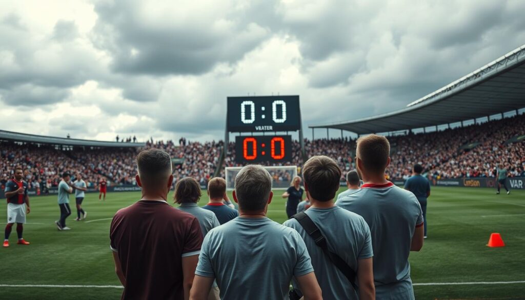 A dynamic scene capturing the essence of soccer bankroll variance, featuring a soccer pitch in the background under dramatic, overcast skies. In the foreground, a diverse group of fans dressed in casual soccer attire, depicted with expressions of anticipation and anxiety, are intently watching a match. The middle ground showcases a digital scoreboard displaying a tense "0-0," symbolizing the frustration of a goalless game. Include visual elements like a red card on the ground and a VAR screen in the distance, enhancing the theme of unpredictability. Use soft lighting to create a moody atmosphere, focusing on the contrasting emotions of hope and tension among the fans. The angle should be slightly elevated, capturing the broad view of the pitch while emphasizing the fans' reactions.