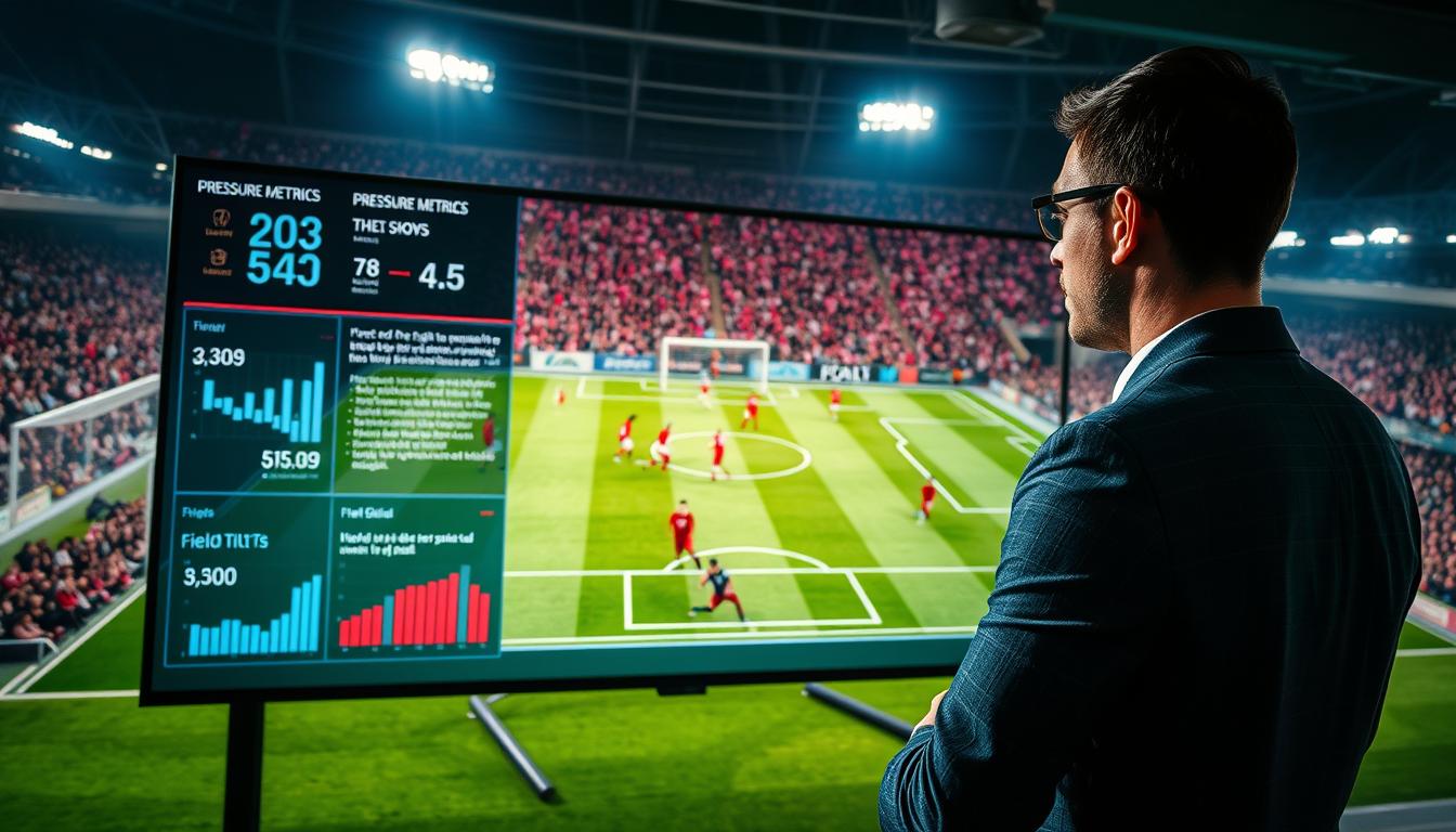 A dynamic soccer analysis scene depicting a professional analyst in smart casual attire, intently observing a live match on a large screen. In the foreground, the analyst is surrounded by advanced statistical data visuals highlighting pressure metrics, shot statistics, and field tilt graphs. The middle ground features the intense action of a soccer game, with players positioned strategically, showcasing tense moments as they approach goal. In the background, a stadium filled with spectators captures the high stakes atmosphere, with dramatic lighting focusing on both the field and the analyst's screen. The overall mood conveys urgency and analytical focus, emphasizing the tension of late-game goal opportunities without any distractions or extraneous elements.