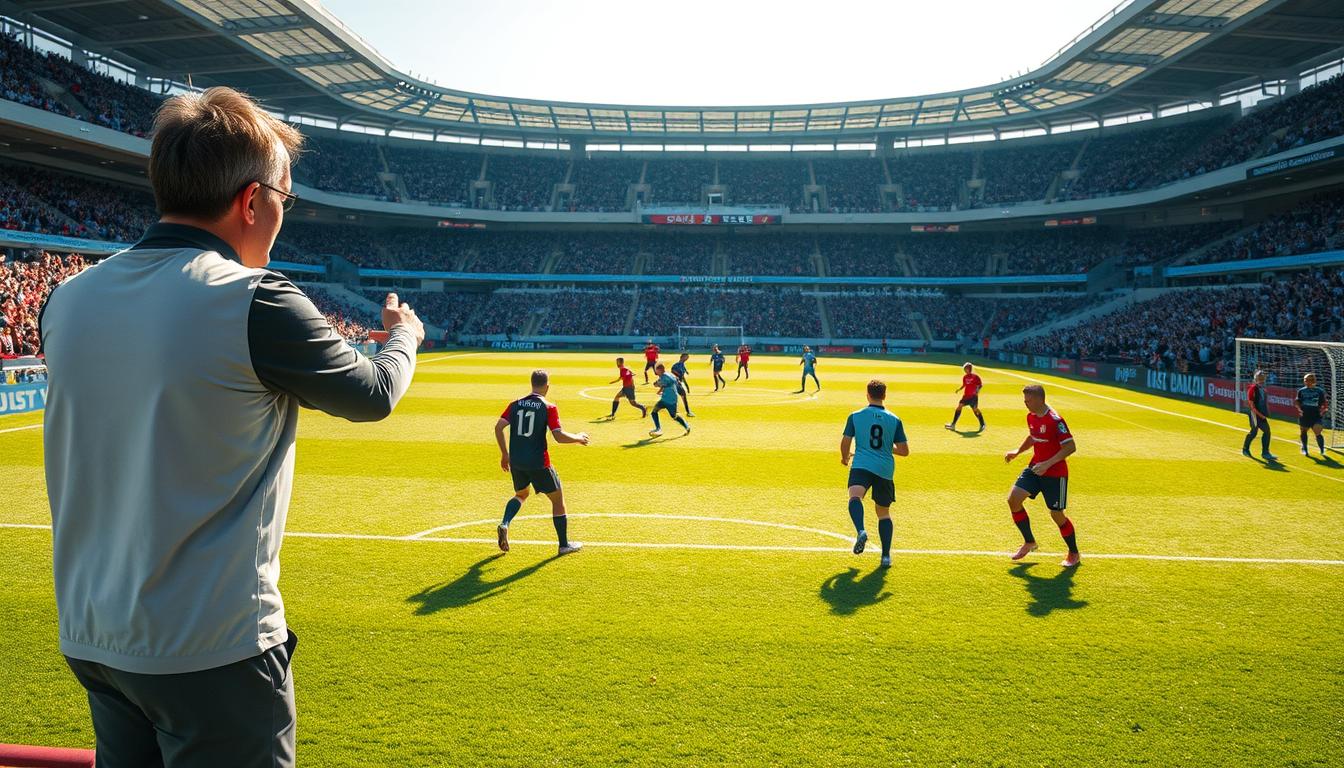 A dynamic soccer field scene illustrating tactical game states, featuring three groups of players arranged in key positions. In the foreground, a focused coach gestures toward the field, emphasizing strategy, dressed in professional sports attire. The middle ground shows players in different formations: one group pressing forward, representing leading tactics, another defending, symbolizing trailing strategies, and a third reorganizing, capturing the essence of leveling the game. The background features a vibrant stadium under bright daylight, filled with cheering fans. The atmosphere is energetic and competitive, with shadows casting across the turf to highlight movement and intensity. Use a wide-angle lens to capture the expansive field and dynamic interactions among players.