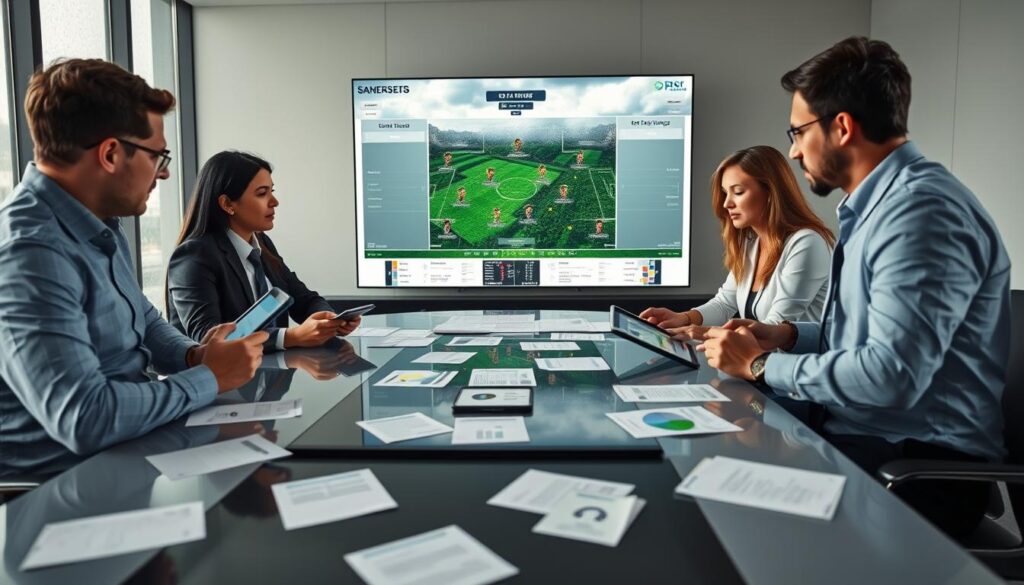 A professional setting focused on analyzing soccer lineup news and the impact of weather. In the foreground, a diverse group of three analysts in business attire, gathered around a sleek, modern conference table, studying player statistics on digital tablets. One analyst gestures towards a large screen displaying weather maps and player lineup graphics. In the middle ground, papers with player info and tactical formations lie scattered. The background features a large window showing a cloudy sky with raindrops, hinting at impending weather changes. Soft, natural lighting enters the room, creating a serious yet focused atmosphere. The camera angle is slightly elevated, capturing both the analysts and the information displayed, emphasizing the seriousness of the analysis in context to soccer match preparation.