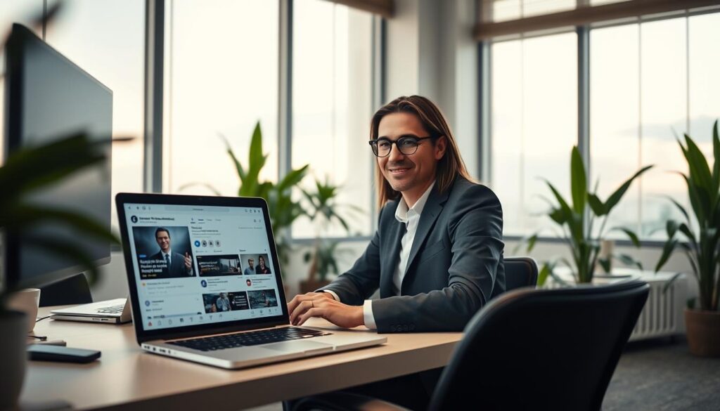 A serene office space set in a modern environment as the foreground, featuring a sleek computer desk with a laptop displaying muted social media notifications and curated news feeds. In the middle ground, an individual dressed in professional attire sits calmly, thoughtfully managing their online presence with a gentle smile, surrounded by indoor plants for a calming effect. The background shows large windows with soft, diffused daylight streaming in, casting a warm glow that enhances the atmosphere of tranquility. The lens captures the scene from a slightly elevated angle, focusing on the relaxed interaction with technology. The overall mood is peaceful and reflective, illustrating the theme of controlling online triggers for a more composed experience.