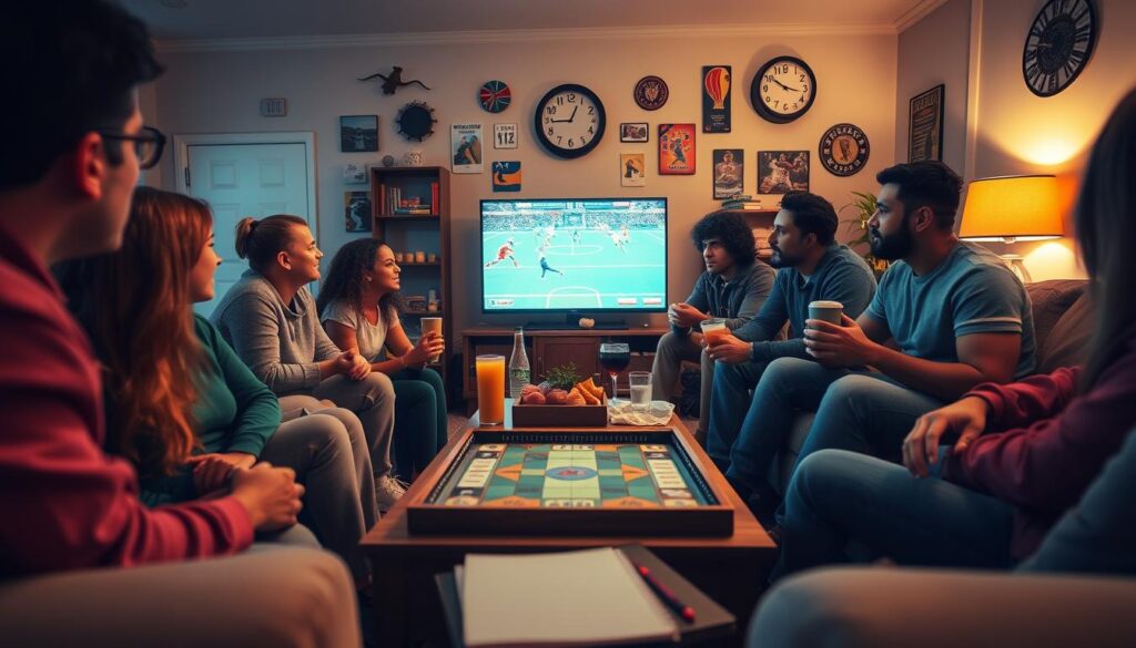 A vibrant watch party scene set in a cozy living room with soft, warm lighting. In the foreground, a diverse group of friends, dressed in comfortable casual attire, are gathered around a coffee table filled with snacks and drinks, engaged in lively discussions while watching a match on a large screen. The middle of the scene showcases a neatly organized board game and a notebook, symbolizing strategic betting decisions. In the background, a wall adorned with sports memorabilia and a clock displaying the time adds to the atmosphere. The mood is relaxed and friendly, emphasizing camaraderie and responsible betting practices amidst the excitement of the game. The angle captures the gathering from a slightly elevated perspective, focusing on the interactions and atmosphere without any distractions.