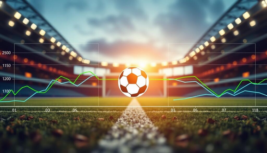 A visualization of Asian handicap lines depicting half and quarter goals in a soccer betting context. In the foreground, focus on dynamic line graphs and numerical indicators, clearly showing the Asian handicap values with an engaging color palette of green, blue, and red for clarity. In the middle, include stylized soccer elements, such as a soccer ball and field outline, symbolizing the game. The background should be a softly blurred soccer stadium ambiance under evening lighting, creating a focused yet inviting atmosphere. The angle should suggest depth, emphasizing the importance of understanding the concepts. Aim for a professional, informative mood that enhances the viewer’s comprehension of betting strategies without any text or overlay distractions.