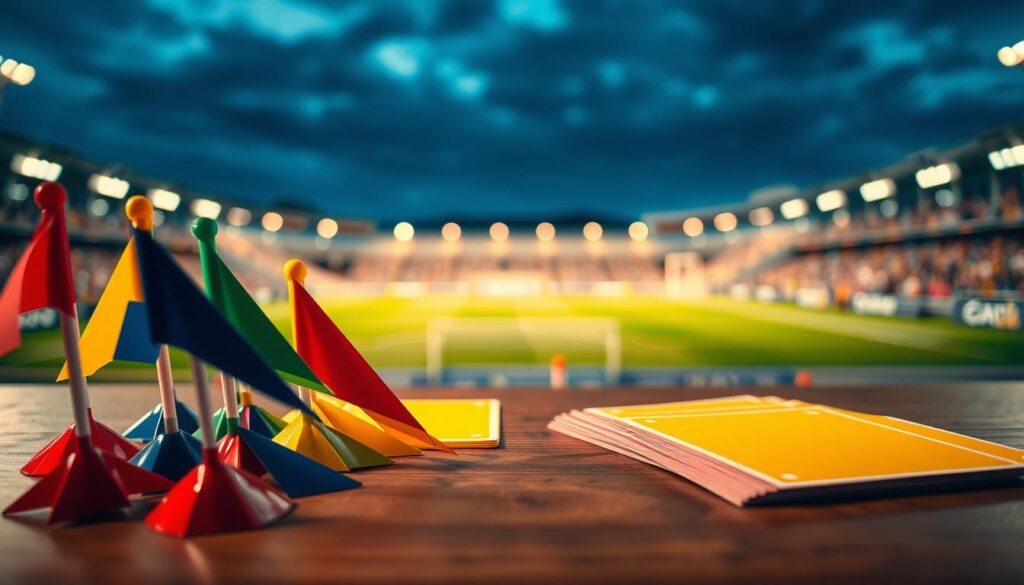 A visually engaging scene depicting an assortment of colorful soccer betting corner and card markets. In the foreground, a close-up of vibrant corner flags and yellow-red cards arranged on a wooden table, reflecting a professional betting atmosphere. In the middle ground, a blurred soccer field with corner arcs and goal lines fading into the background, creating depth. The background showcases a softly lit soccer stadium under a twilight sky, with blurred spectators adding a lively ambiance. The lighting is dramatic yet warm, emphasizing the focus on the betting cards and corners. The overall mood is dynamic and slightly tense, inviting the viewer to consider the excitement and strategy involved in soccer betting niche markets.