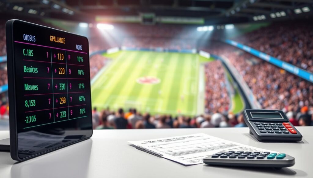 A visually engaging scene illustrating the concept of "double chance betting odds and probability." The foreground features a sleek digital display showing odds and percentage probabilities, with vibrant colors representing different betting options. In the middle ground, a detailed betting slip and a calculator sit on a modern desk, emphasizing the mathematical aspect of betting. The background showcases a blurred soccer stadium filled with enthusiastic fans, creating an energetic atmosphere. Soft, focused lighting highlights the odds display, while the overall composition conveys a sense of strategic decision-making and excitement. The image evokes a professional and analytical mood, suitable for readers interested in the intricacies of sports betting.