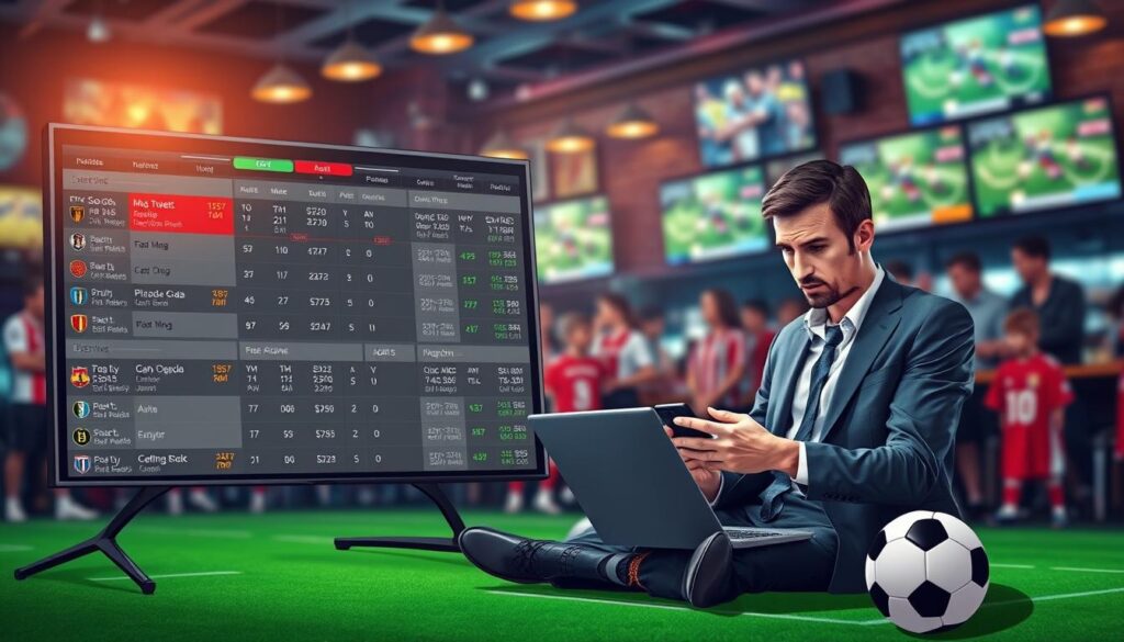 A visually striking illustration depicting the concept of "correlation traps" in same-game parlays for soccer betting. In the foreground, a digital betting interface showcasing various soccer matches with highlighted odds and correlations, arranged dynamically. The middle ground features a confused bettor analyzing the interface, dressed in smart casual attire, with a laptop and smartphone in hand, surrounded by soccer paraphernalia like a ball and jerseys. The background shows a blurred image of a busy sports bar, filled with energetic fans and televisions displaying games. Bright, focused lighting highlights the betting interface while softer ambient lighting creates a lively yet chaotic atmosphere, evoking the excitement and confusion around betting strategy. The overall mood conveys caution mixed with the thrill of sports betting.