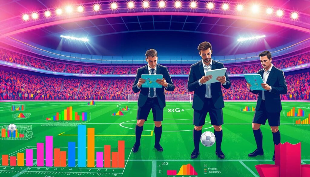 A visually striking illustration depicting the expected goals (xG) soccer metric. In the foreground, a stylized soccer field filled with colorful graphical representations of xG data, including bar graphs and heatmaps showcasing shot quality. The middle ground features soccer players in professional attire, intently studying tablets displaying stats and metrics, with expressions of concentration and curiosity. In the background, a stadium is visible under dynamic lighting, evoking a vibrant match atmosphere. Emphasize a blend of realism and infographic style, with a focus on the data and its implications for soccer strategy. The overall mood is analytical yet engaging, appealing to data-minded fans.
