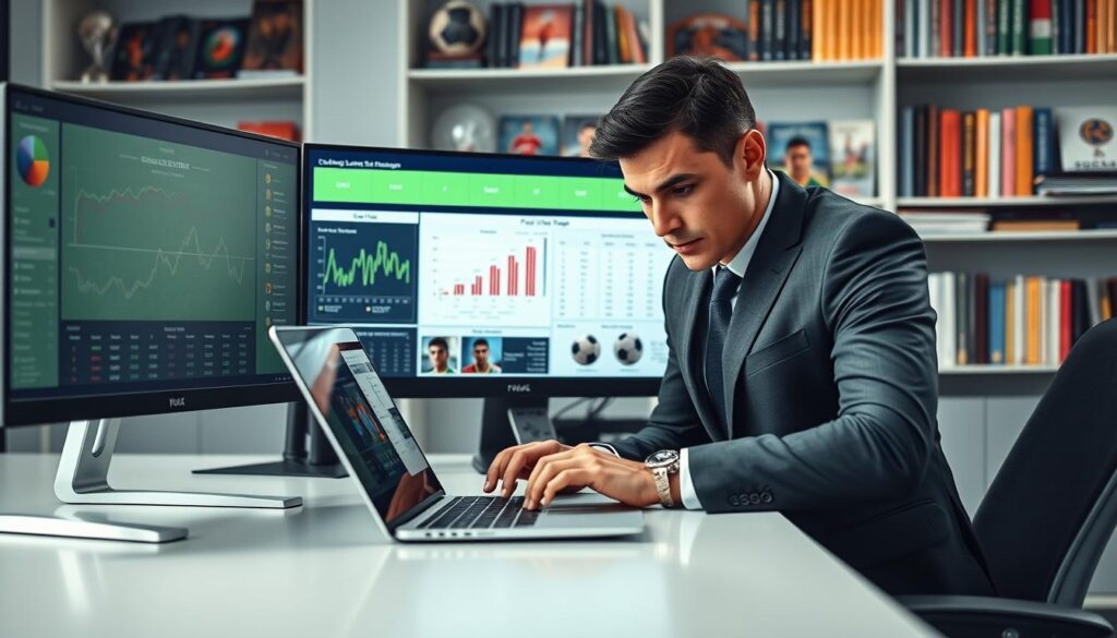 An analytical workspace featuring a sleek, modern desk with dual monitors displaying graphs and data related to soccer betting, showcasing metrics like Closing Line Value (CLV) and probabilities. In the foreground, a focused individual dressed in smart business attire examines data on a laptop, their expression intense yet calm. The middle ground includes colorful charts with football imagery subtly incorporated, and betting odds displayed in a clear, visually engaging layout. The background features shelves filled with sports books and soccer memorabilia, creating a vibrant atmosphere. Soft, focused lighting highlights the workspace, giving a professional mood, while a slight blur on the edges adds depth to the image.