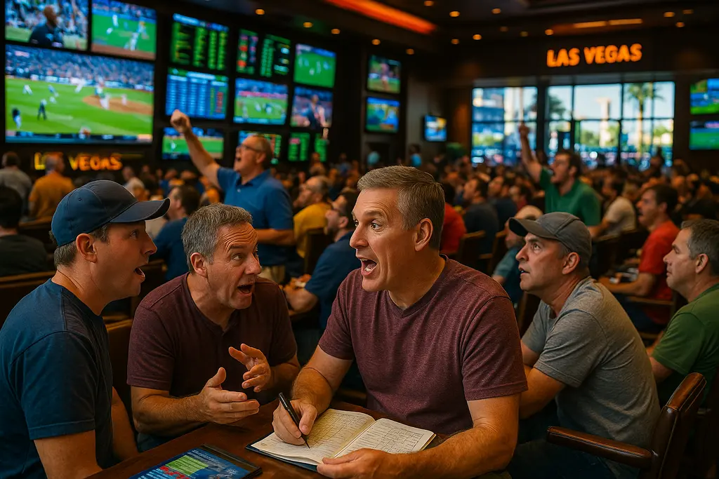 August Sports Betting screens near a Las Vegas stadium concourse