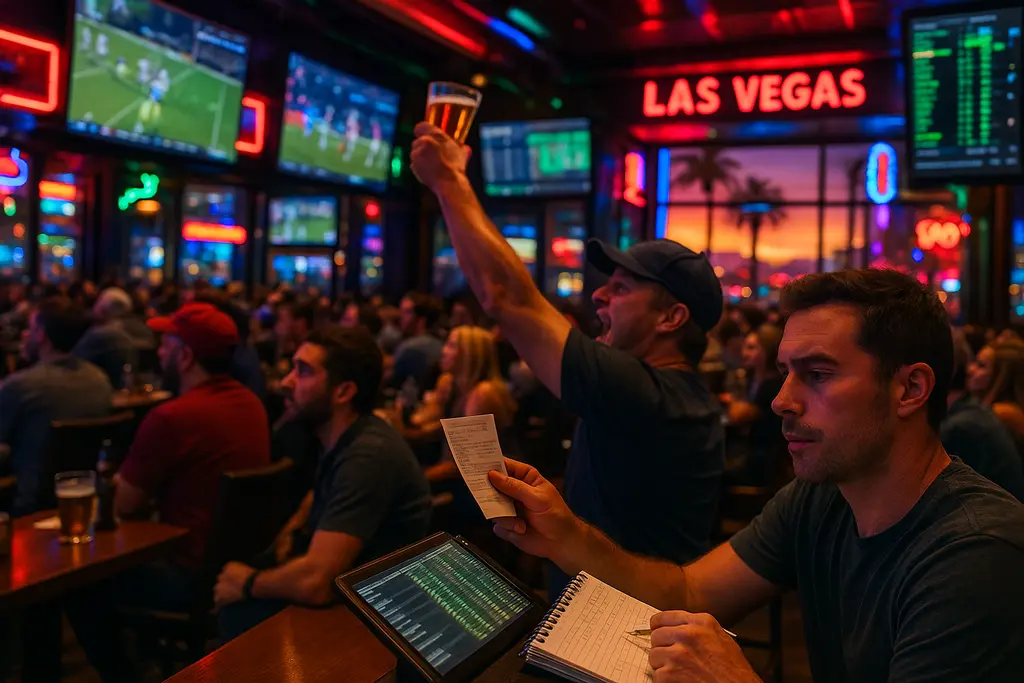August Vegas Betting scene with a stadium crowd and sportsbook screens nearby