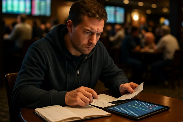 Bettor reviewing sportsbook rules on a phone in a casino seating area