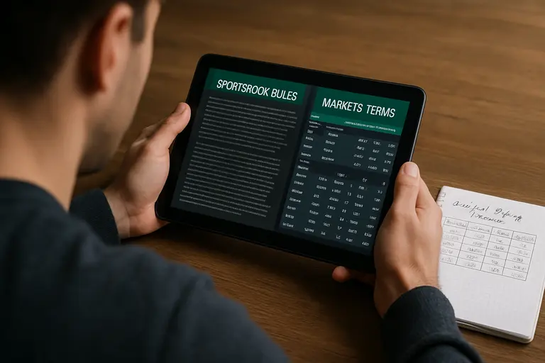 Person comparing sportsbook rules and market terms on a tablet