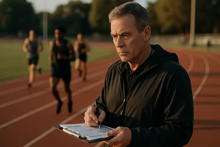 Starting blocks on a track before a race under stadium lights