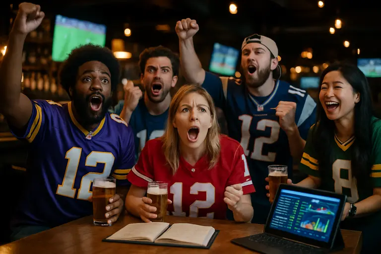 Adults watching a sporting event from seats inside a casino sportsbook