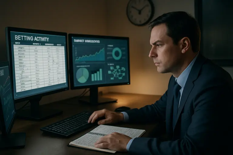 Government office desk with confidential files and a laptop showing market charts